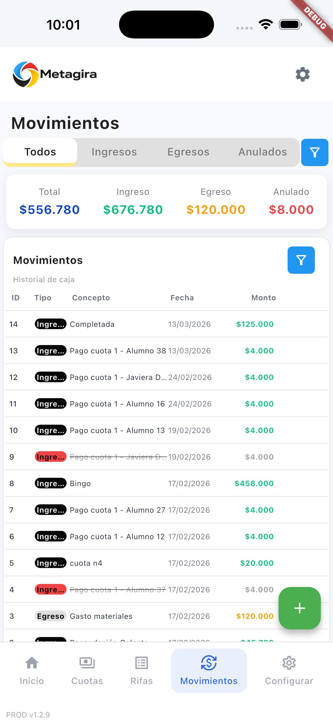 Historial de movimientos
